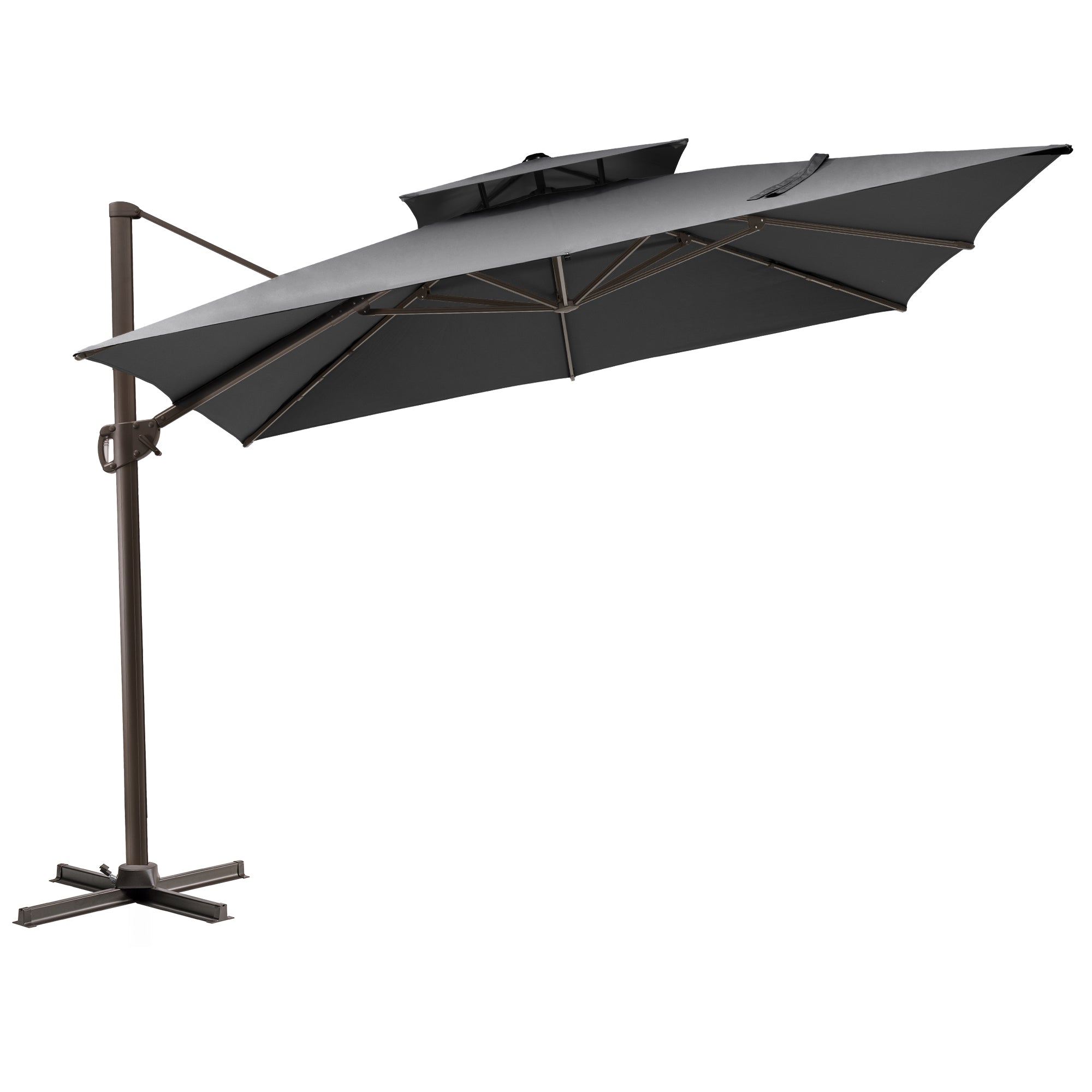 LuxxHomes  11' Dark Gray Polyester Round Tilt Cantilever Patio Umbrella With Stand