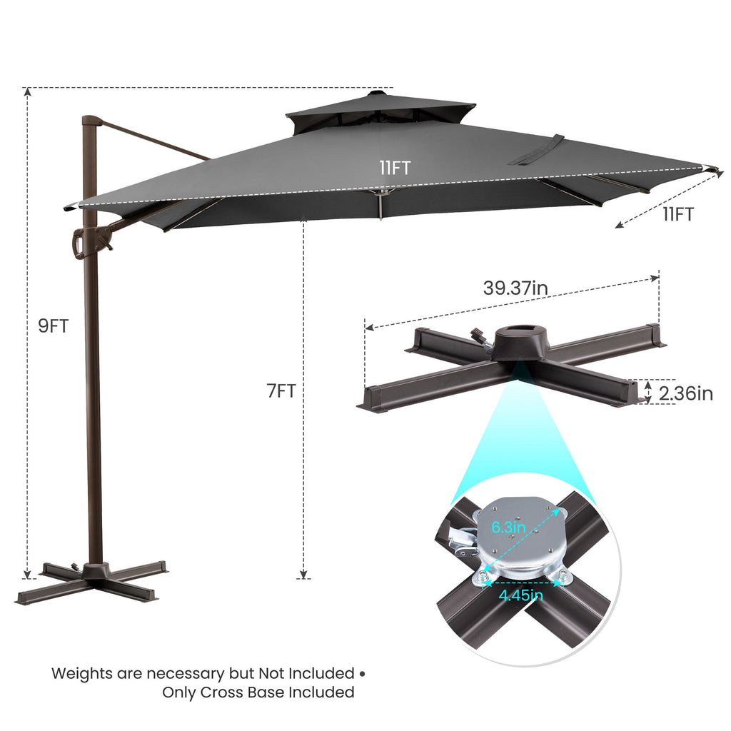 LuxxHomes  11' Dark Gray Polyester Round Tilt Cantilever Patio Umbrella With Stand