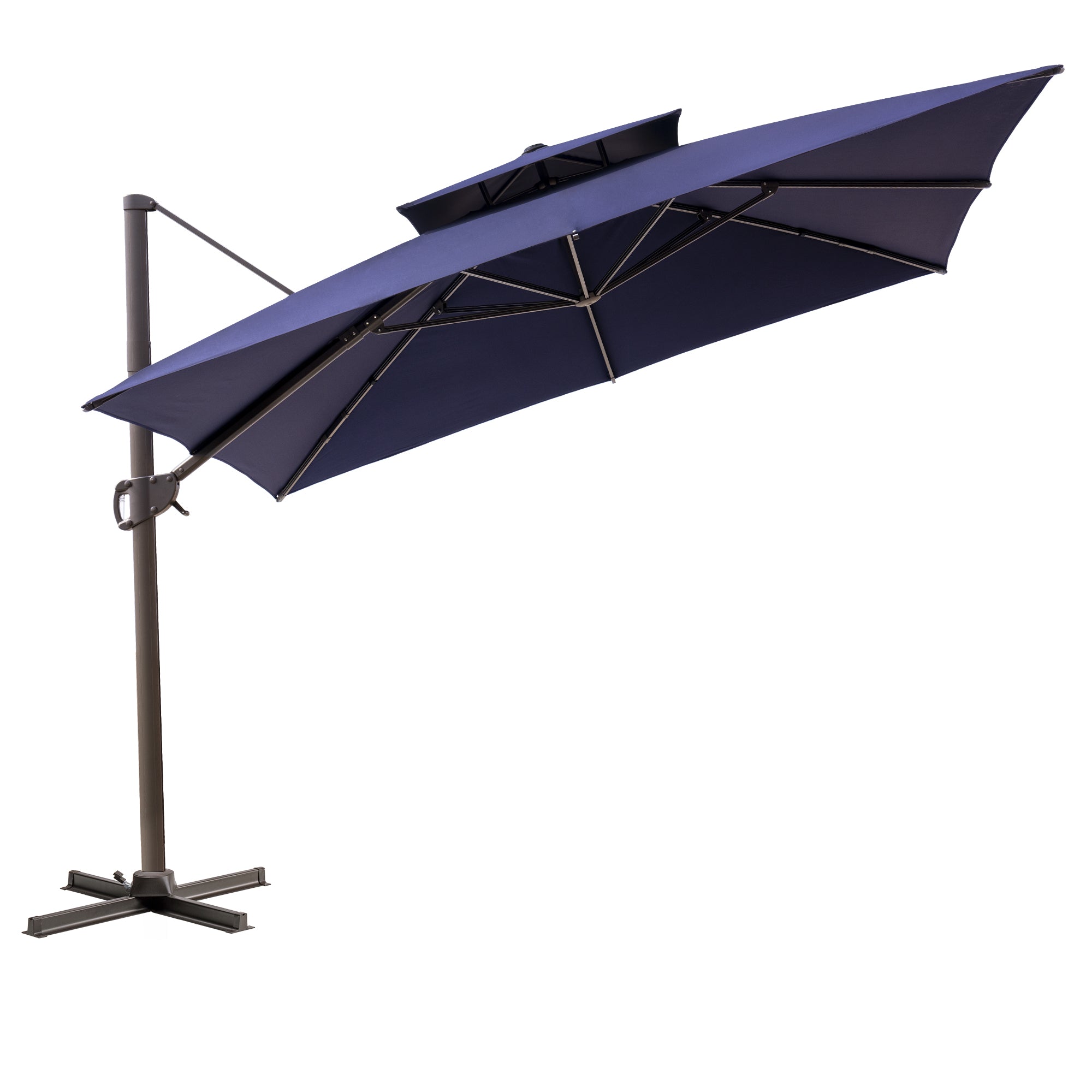 LuxxHomes  11' Navy Blue Polyester Round Tilt Cantilever Patio Umbrella With Stand