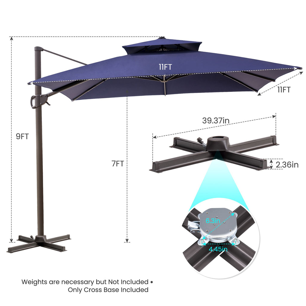 LuxxHomes  11' Navy Blue Polyester Round Tilt Cantilever Patio Umbrella With Stand