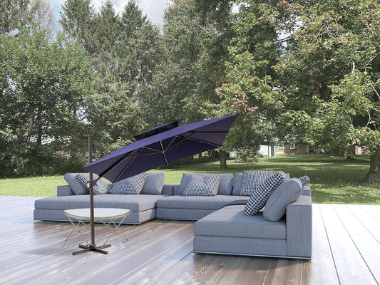 LuxxHomes  11' Navy Blue Polyester Round Tilt Cantilever Patio Umbrella With Stand