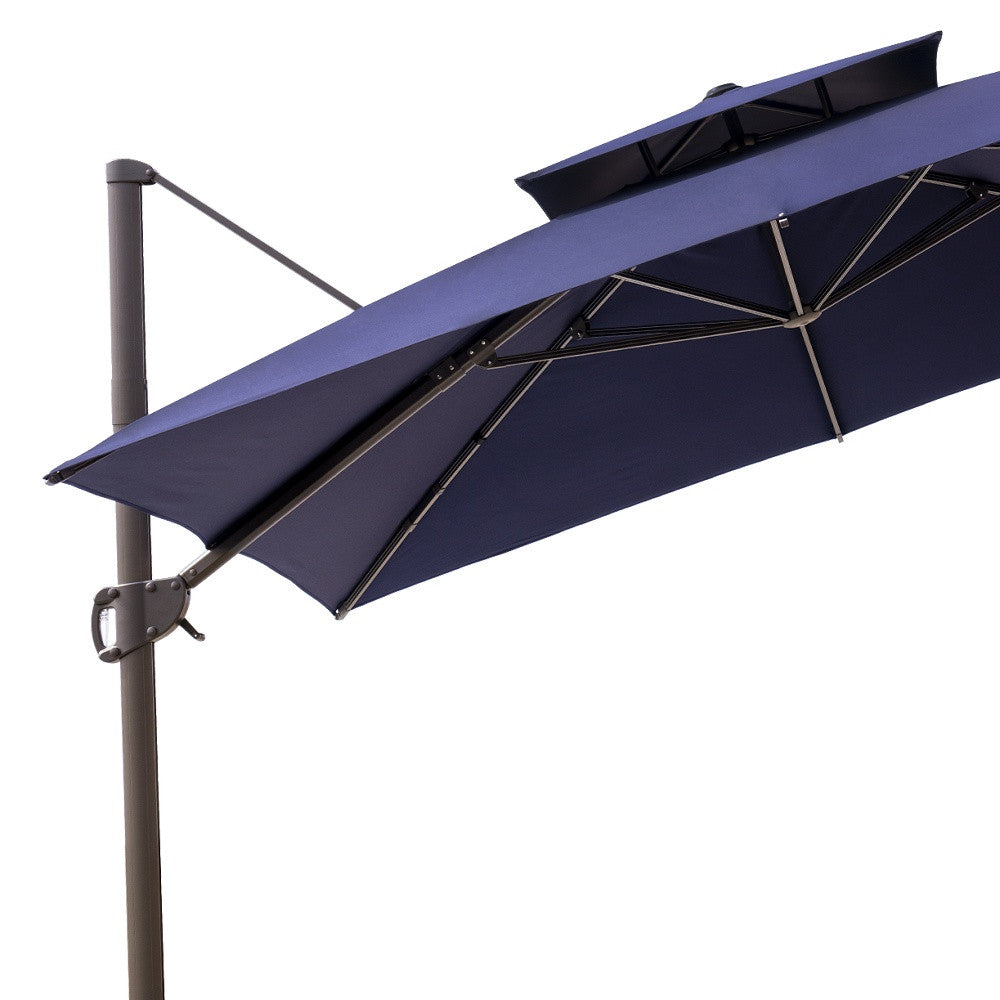 LuxxHomes  11' Navy Blue Polyester Round Tilt Cantilever Patio Umbrella With Stand