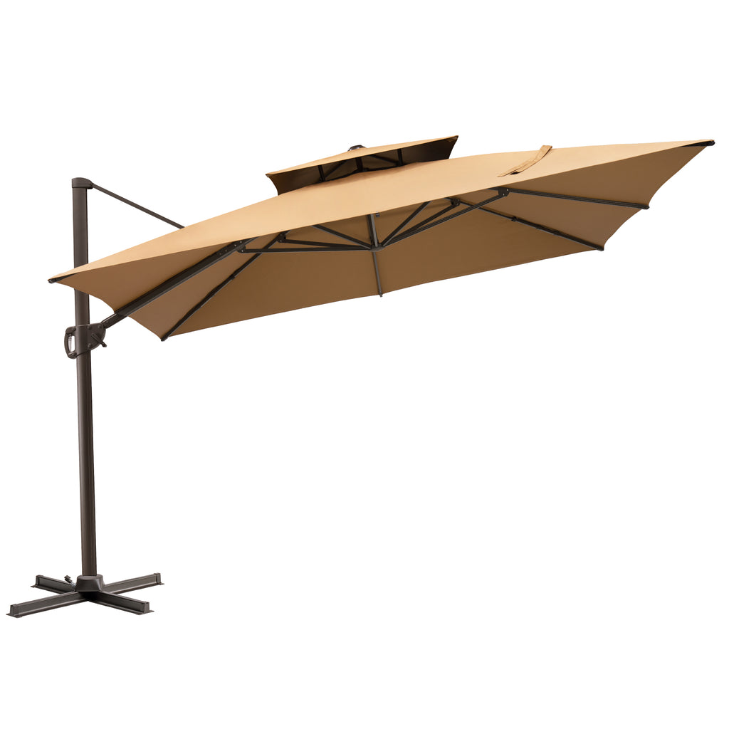 LuxxHomes  11' Tan Polyester Round Tilt Cantilever Patio Umbrella With Stand