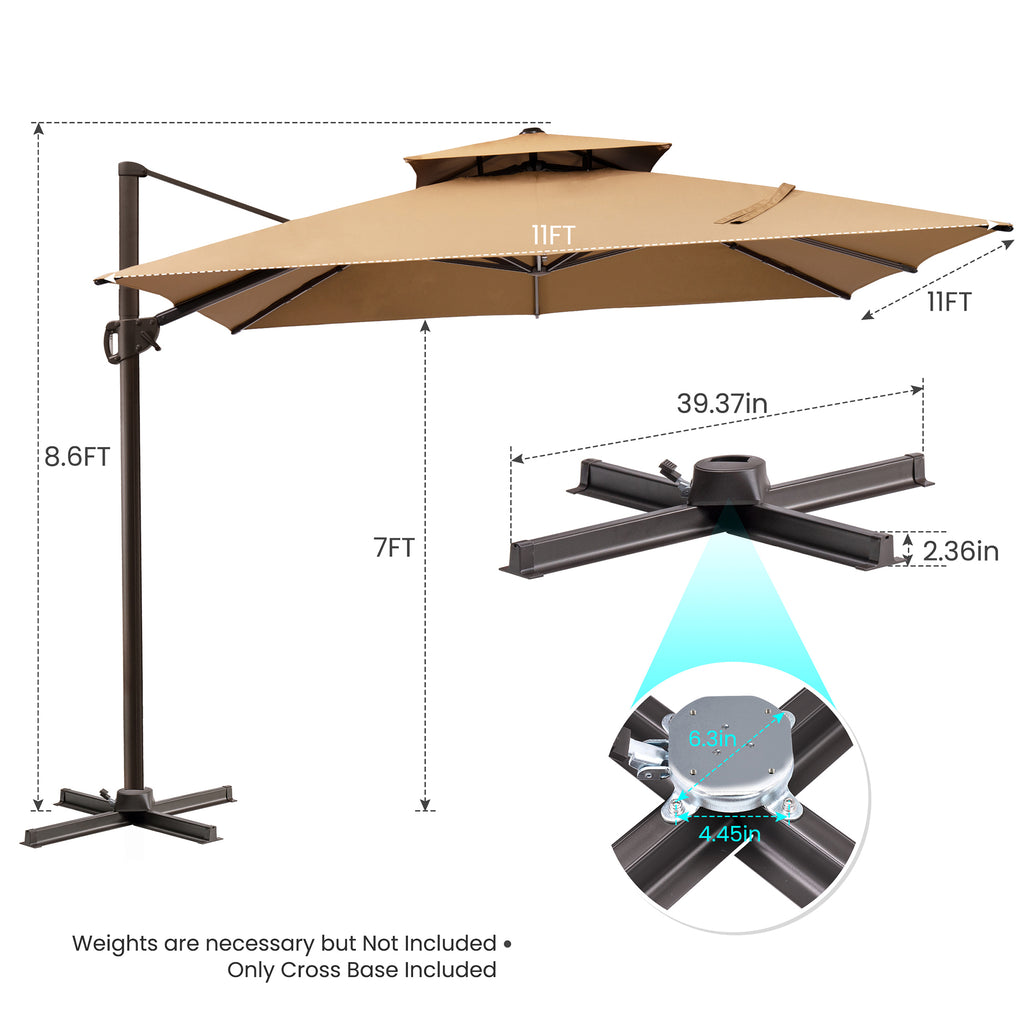 LuxxHomes  11' Tan Polyester Round Tilt Cantilever Patio Umbrella With Stand