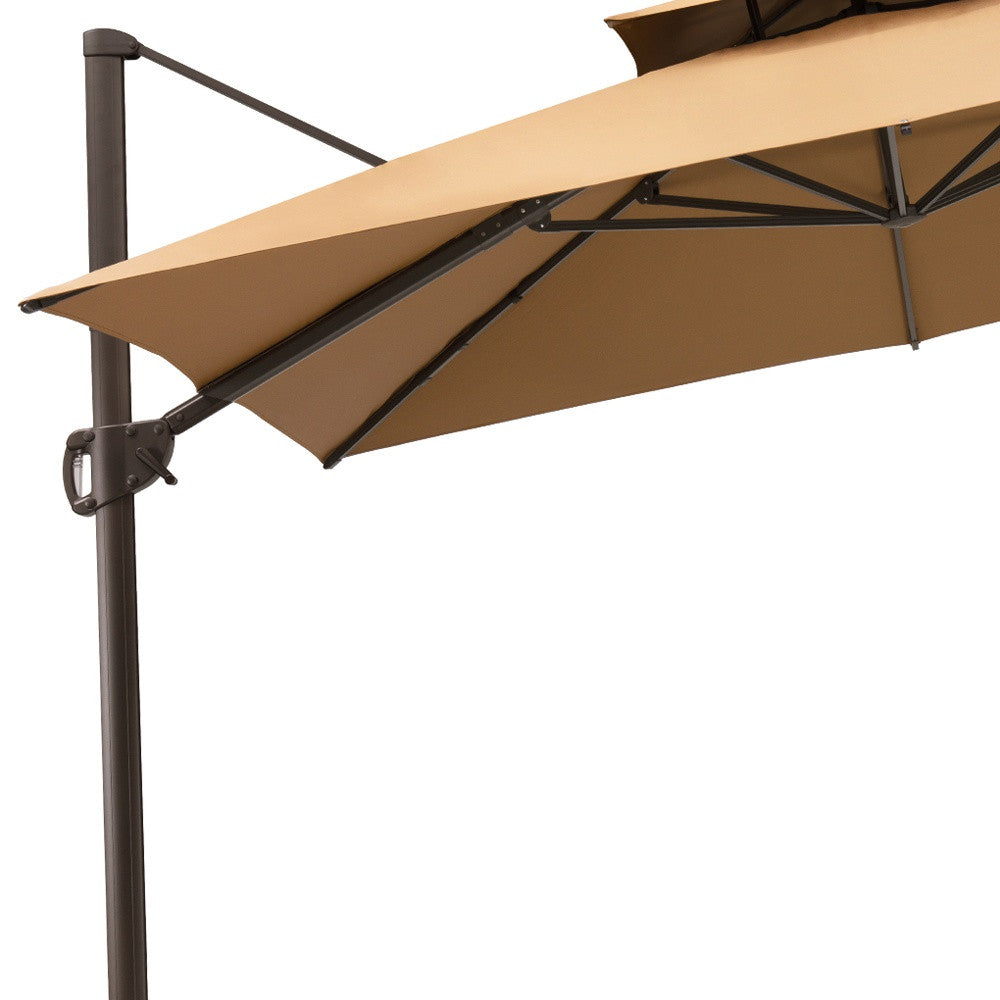 LuxxHomes  11' Tan Polyester Round Tilt Cantilever Patio Umbrella With Stand