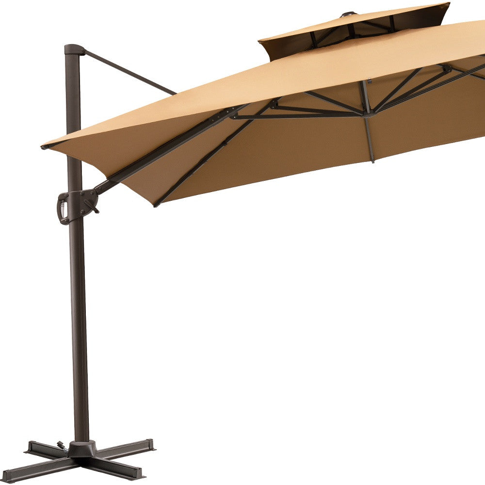 LuxxHomes  11' Tan Polyester Round Tilt Cantilever Patio Umbrella With Stand