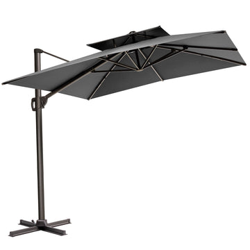 LuxxHomes  11' Dark Gray Polyester Round Tilt Cantilever Patio Umbrella With Stand