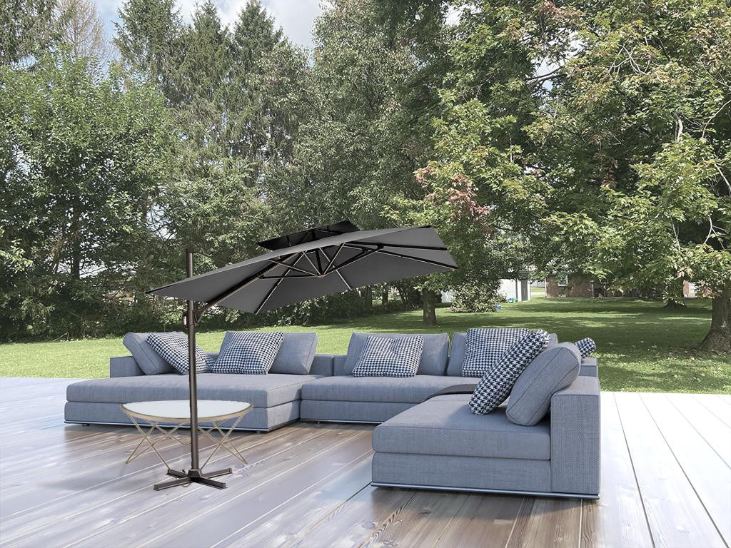 LuxxHomes  11' Dark Gray Polyester Round Tilt Cantilever Patio Umbrella With Stand