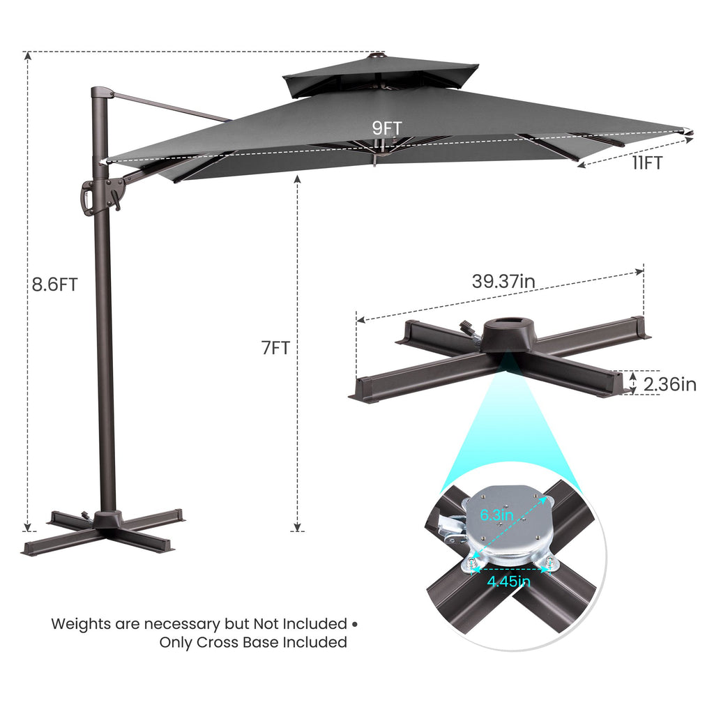 LuxxHomes  11' Dark Gray Polyester Round Tilt Cantilever Patio Umbrella With Stand