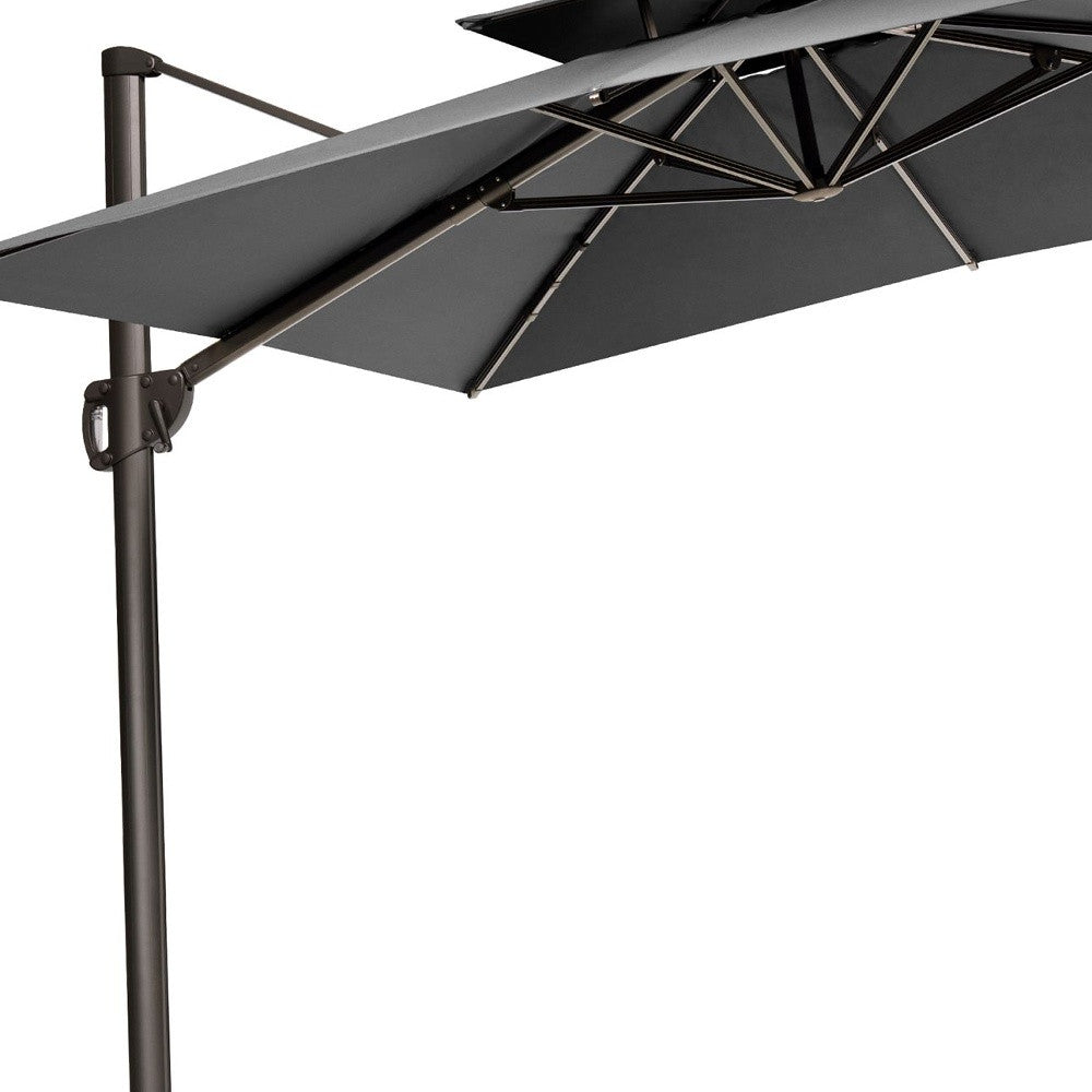 LuxxHomes  11' Dark Gray Polyester Round Tilt Cantilever Patio Umbrella With Stand