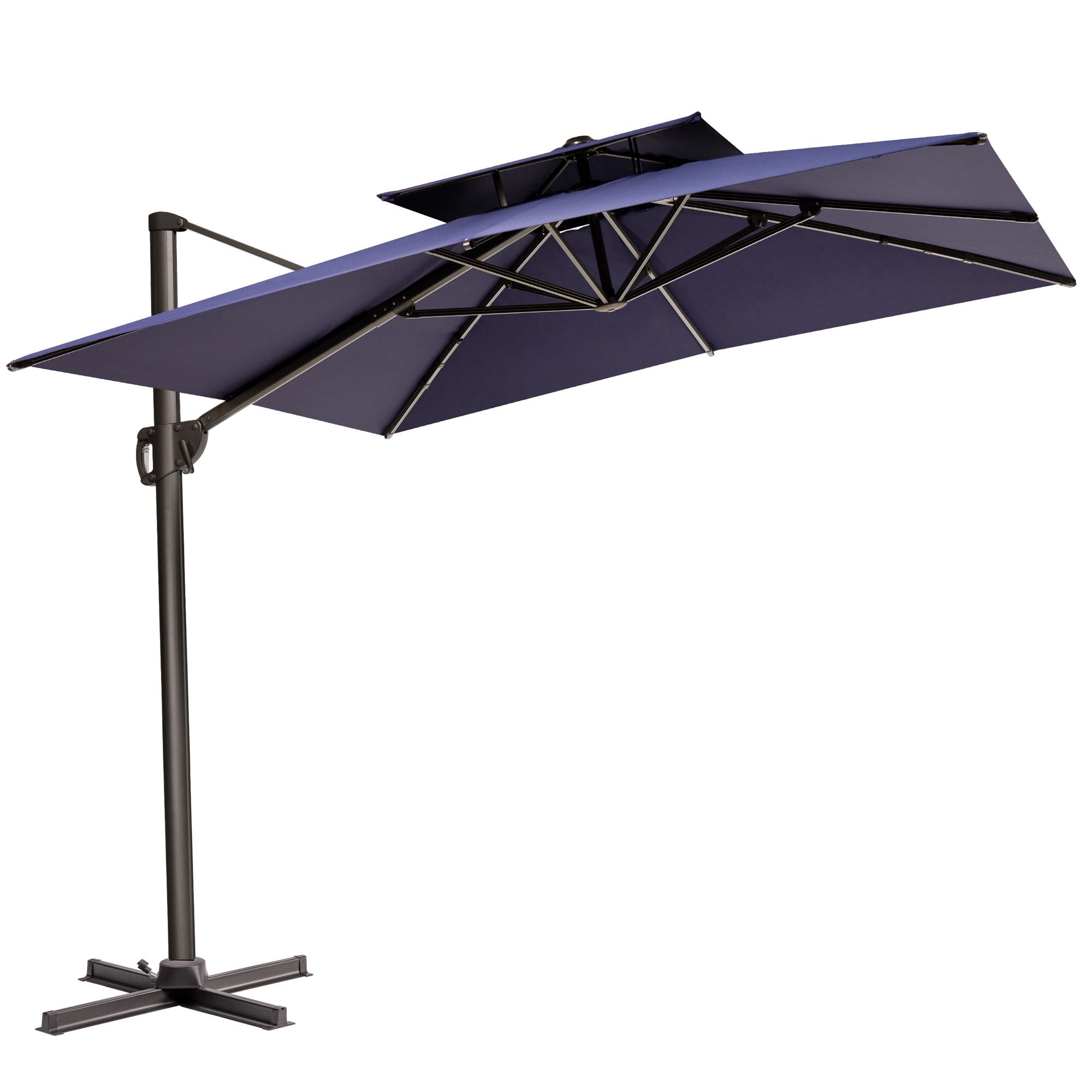 LuxxHomes  11' Navy Blue Polyester Round Tilt Cantilever Patio Umbrella With Stand