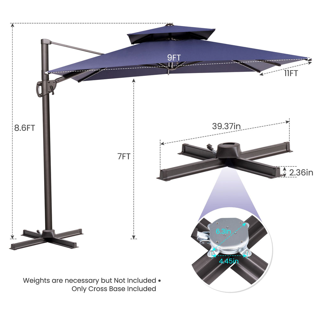 LuxxHomes  11' Navy Blue Polyester Round Tilt Cantilever Patio Umbrella With Stand