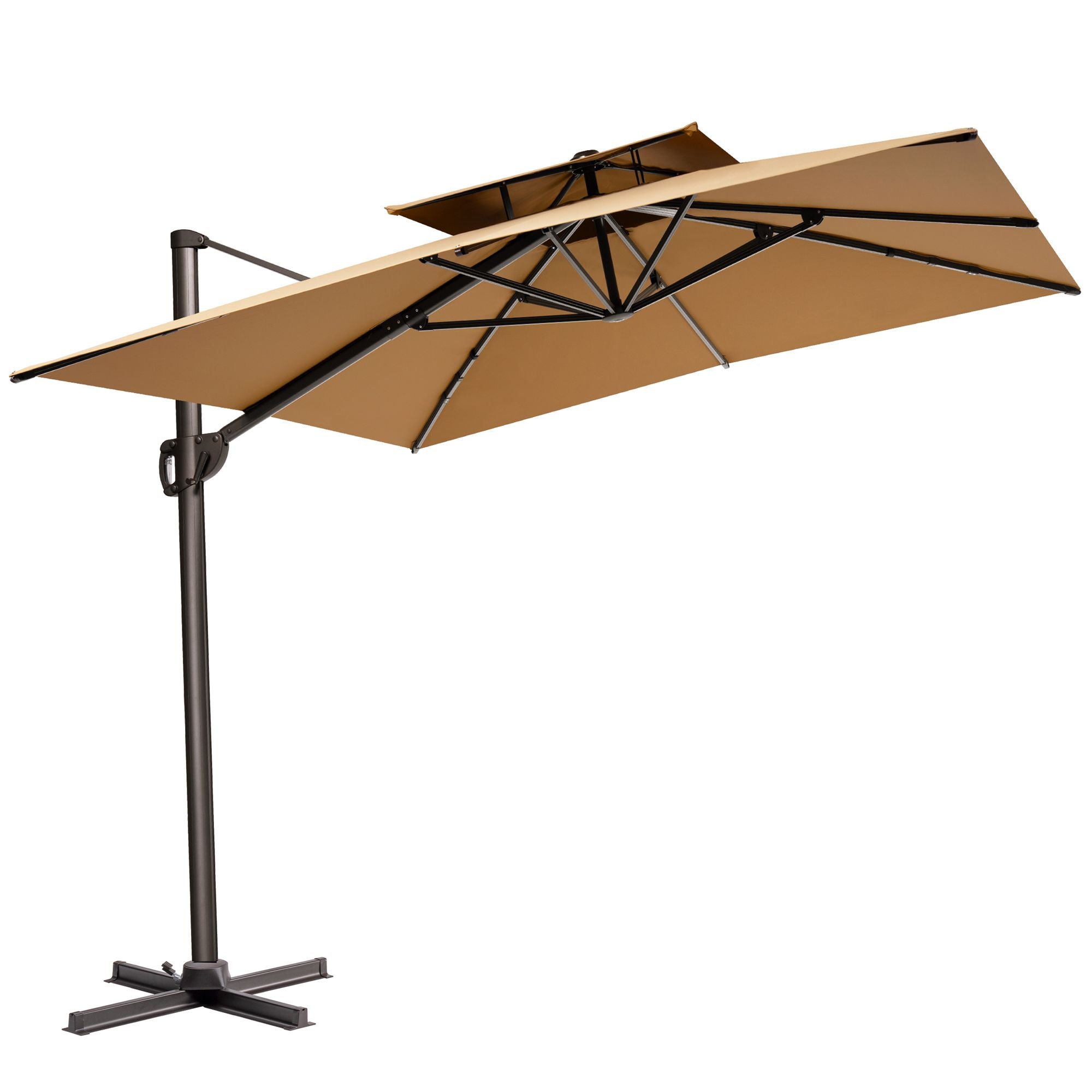 LuxxHomes  11' Tan Polyester Round Tilt Cantilever Patio Umbrella With Stand