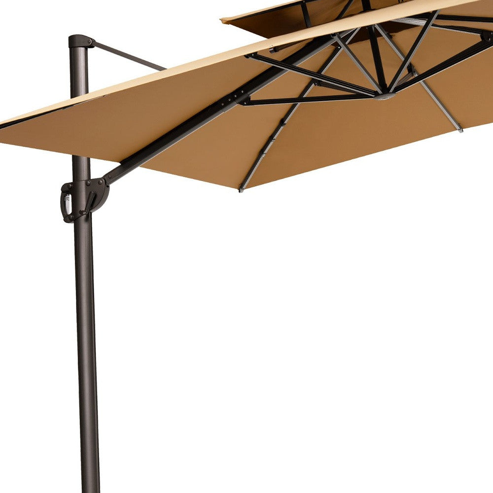 LuxxHomes  11' Tan Polyester Round Tilt Cantilever Patio Umbrella With Stand