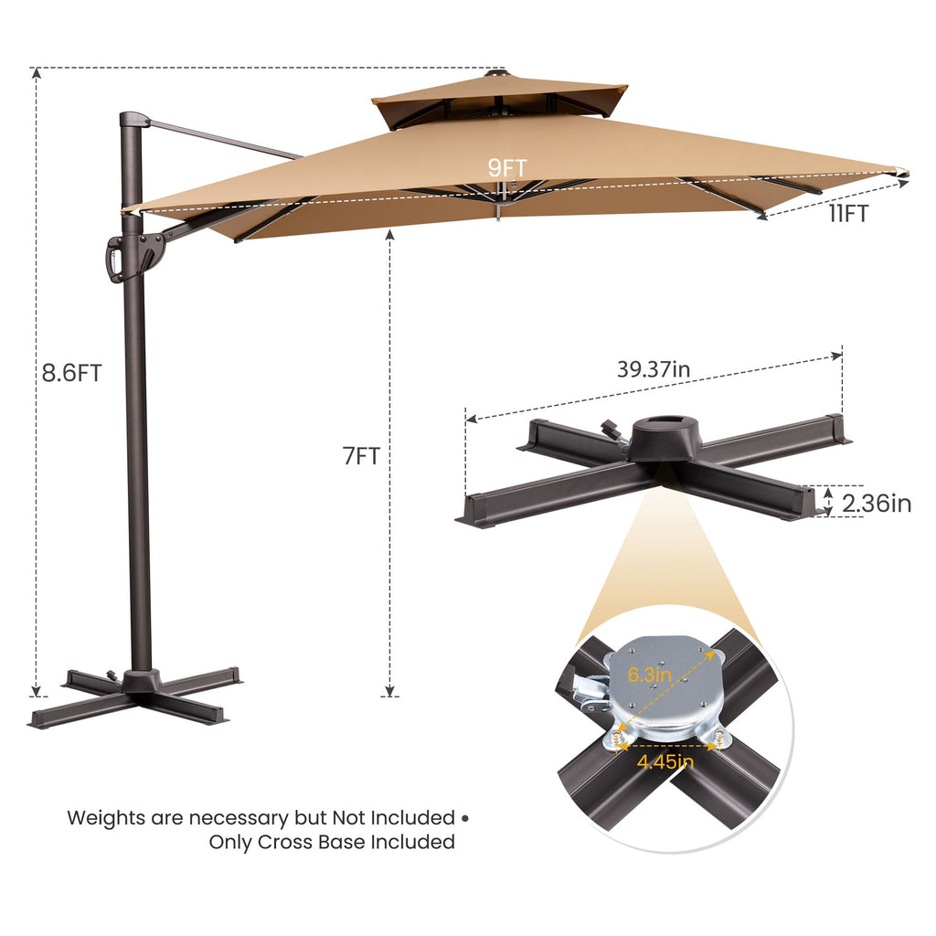 LuxxHomes  11' Tan Polyester Round Tilt Cantilever Patio Umbrella With Stand