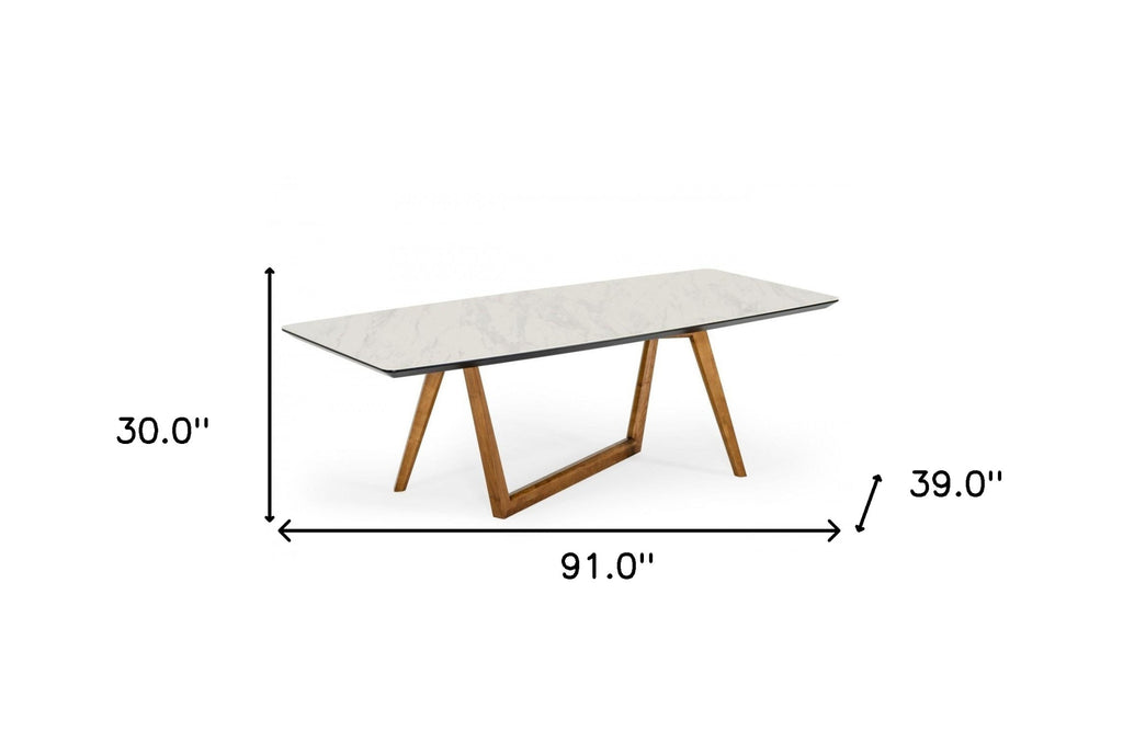 91" White And Brown Stone Trestle Base Dining Table