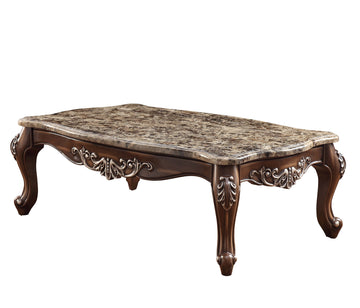 57" Brown And Oak Faux Marble And Solid And Manufactured Wood Coffee Table