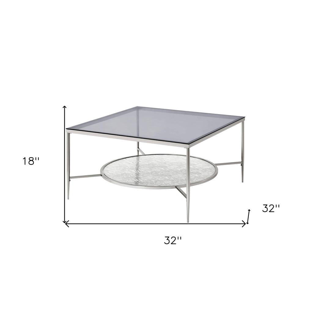 32" Chrome And Clear Glass Square Coffee Table With Shelf