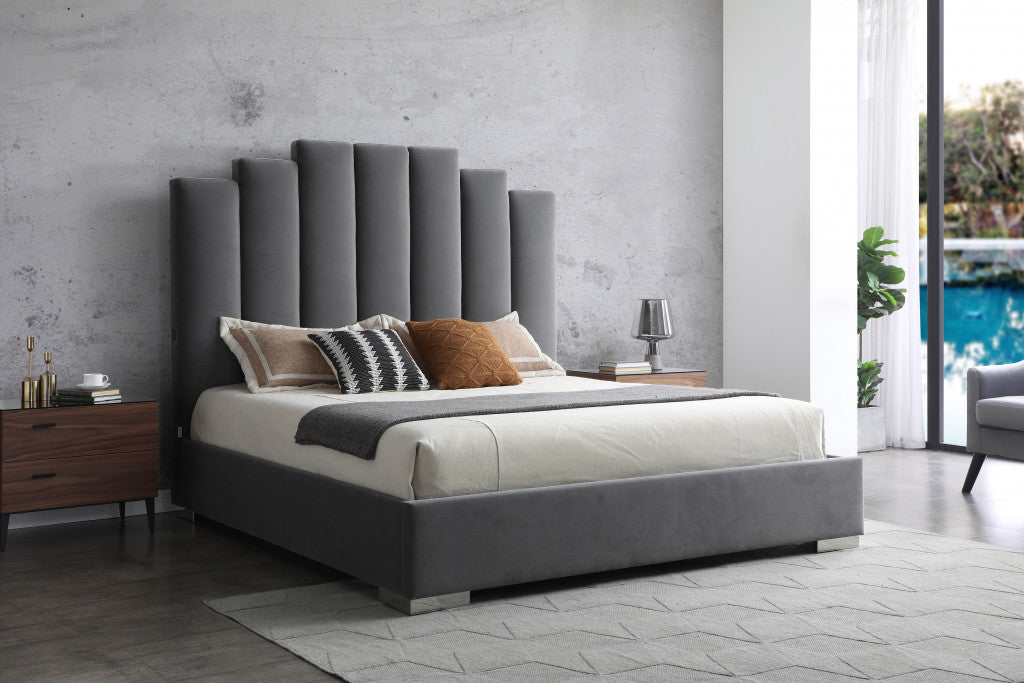 Queen Grey Upholstered Vertical Channel Velvet Bed with USB