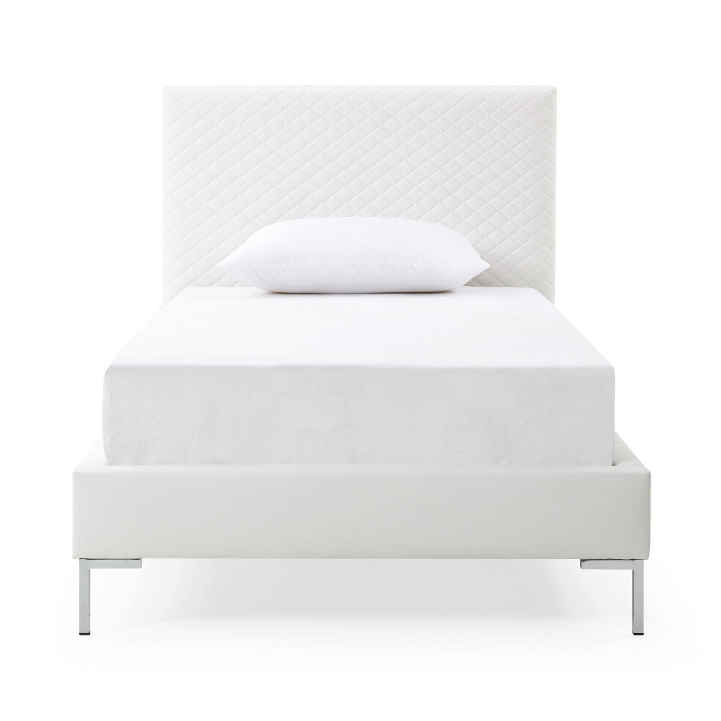 Twin Size White Upholstered Faux Leather Bed Frame