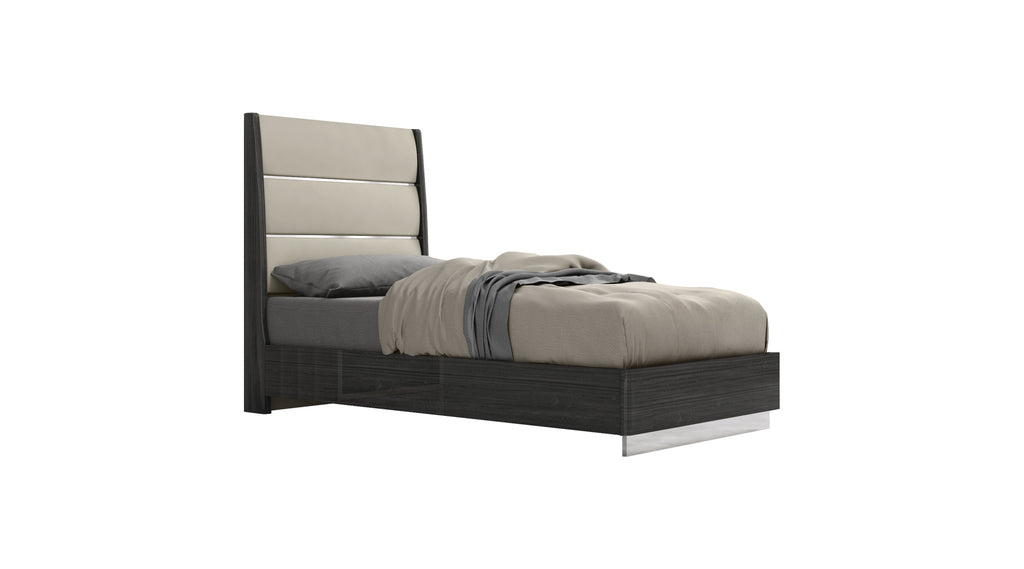 Twin Dark Grey High Gloss Bed Frame with Faux Leather Headboard