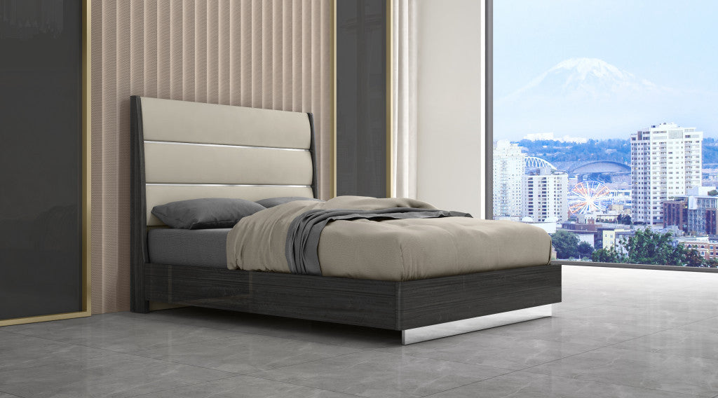 Queen Dark Grey High Gloss Bed Frame with Faux Leather Headboard