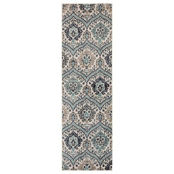 10' Ivory Blue and Gray Medallion Runner Rug