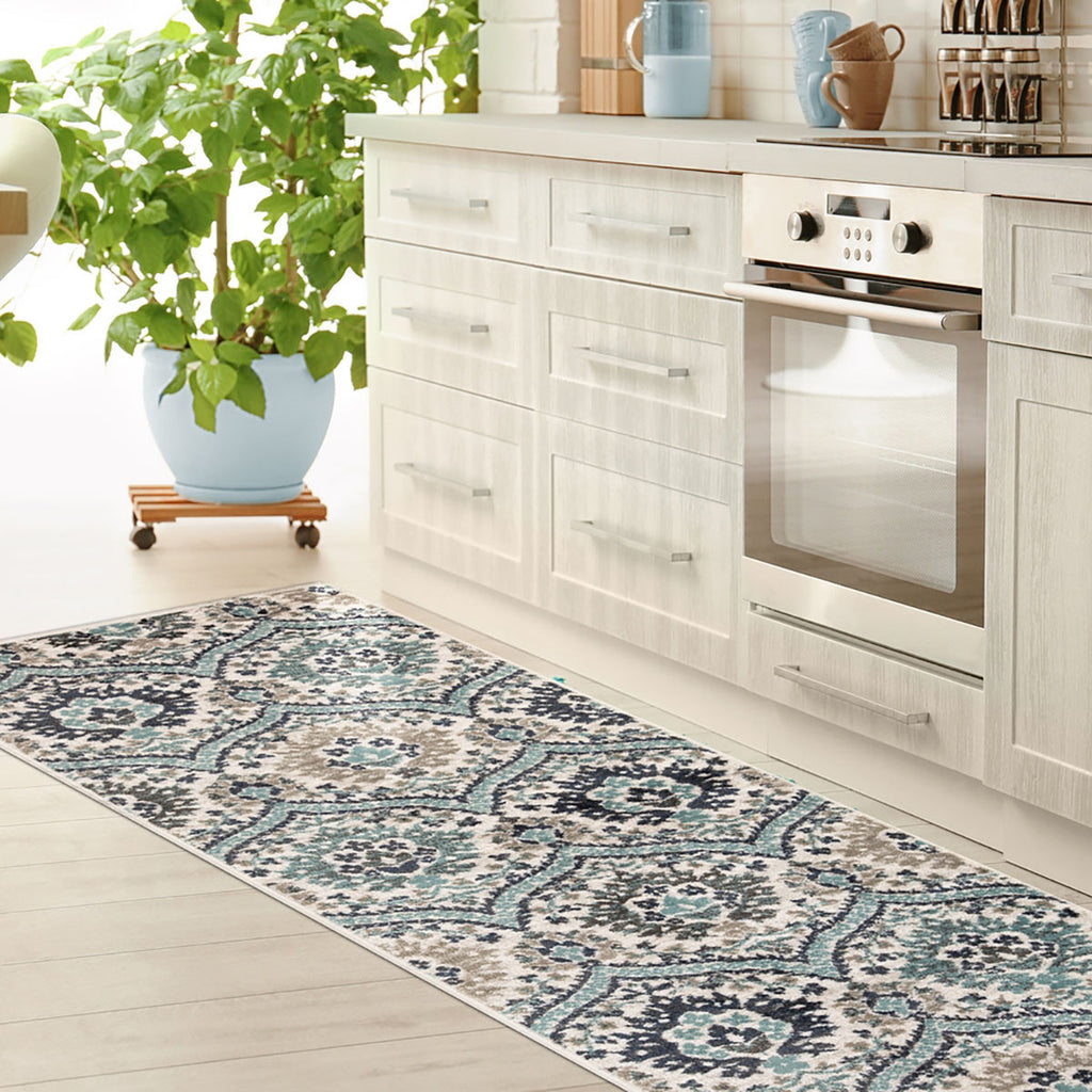 10' Ivory Blue and Gray Medallion Runner Rug