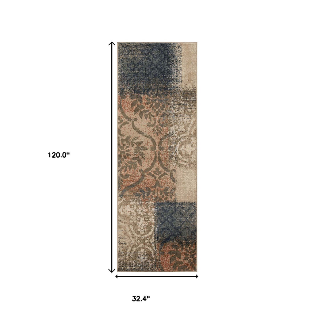 10' Navy And Salmon Damask Distressed Stain Resistant Runner Rug