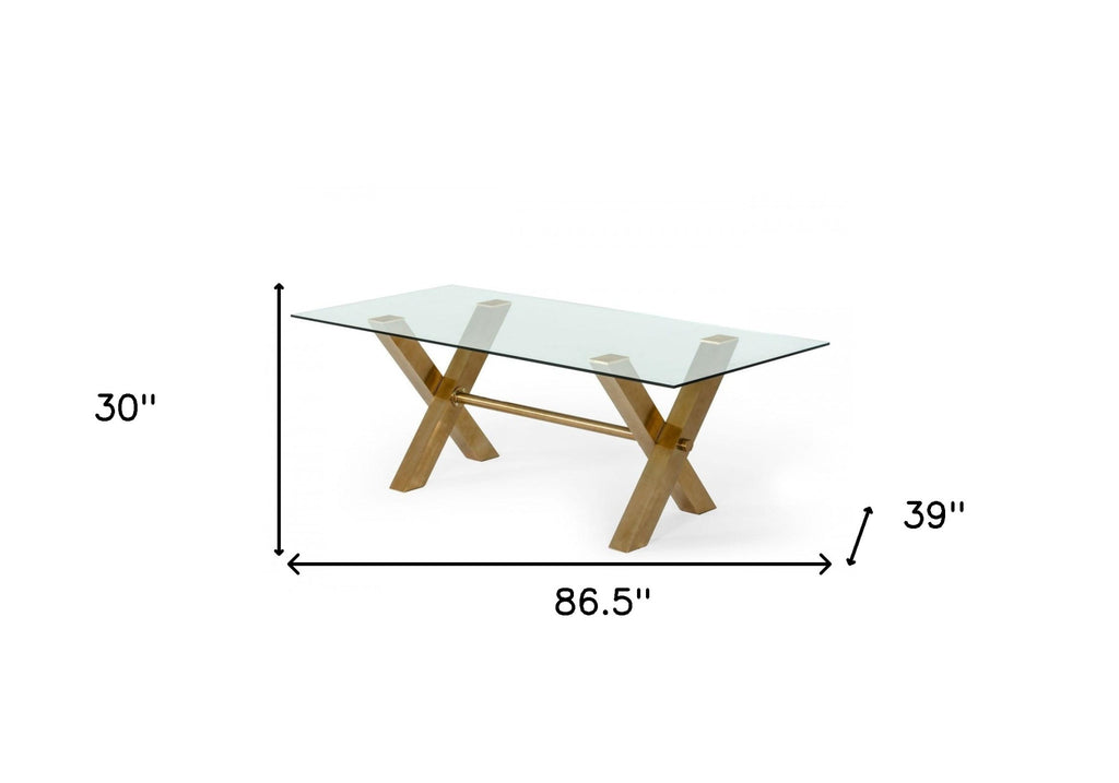 87" Clear And Gold Glass And Stainless Steel Sled Base Dining Table