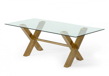 87" Clear And Gold Glass And Stainless Steel Sled Base Dining Table