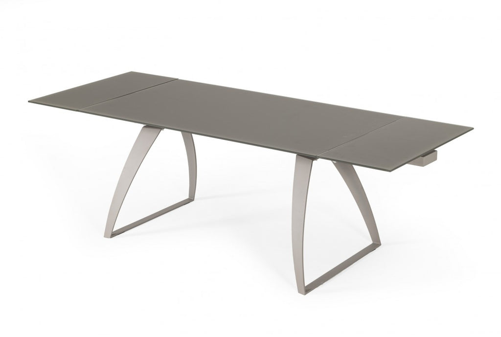 94" Gray Glass And Metal Self-Storing Leaf Sled Base Dining Table