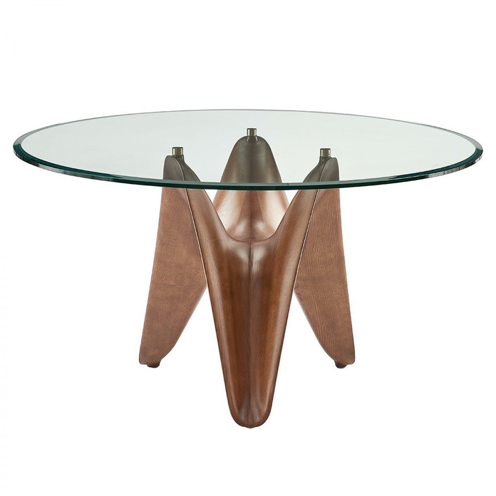 59" Clear And Brown Rounded Glass And Solid Manufactured Wood Pedestal Base Dining Table