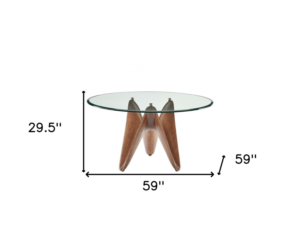 59" Clear And Brown Rounded Glass And Solid Manufactured Wood Pedestal Base Dining Table