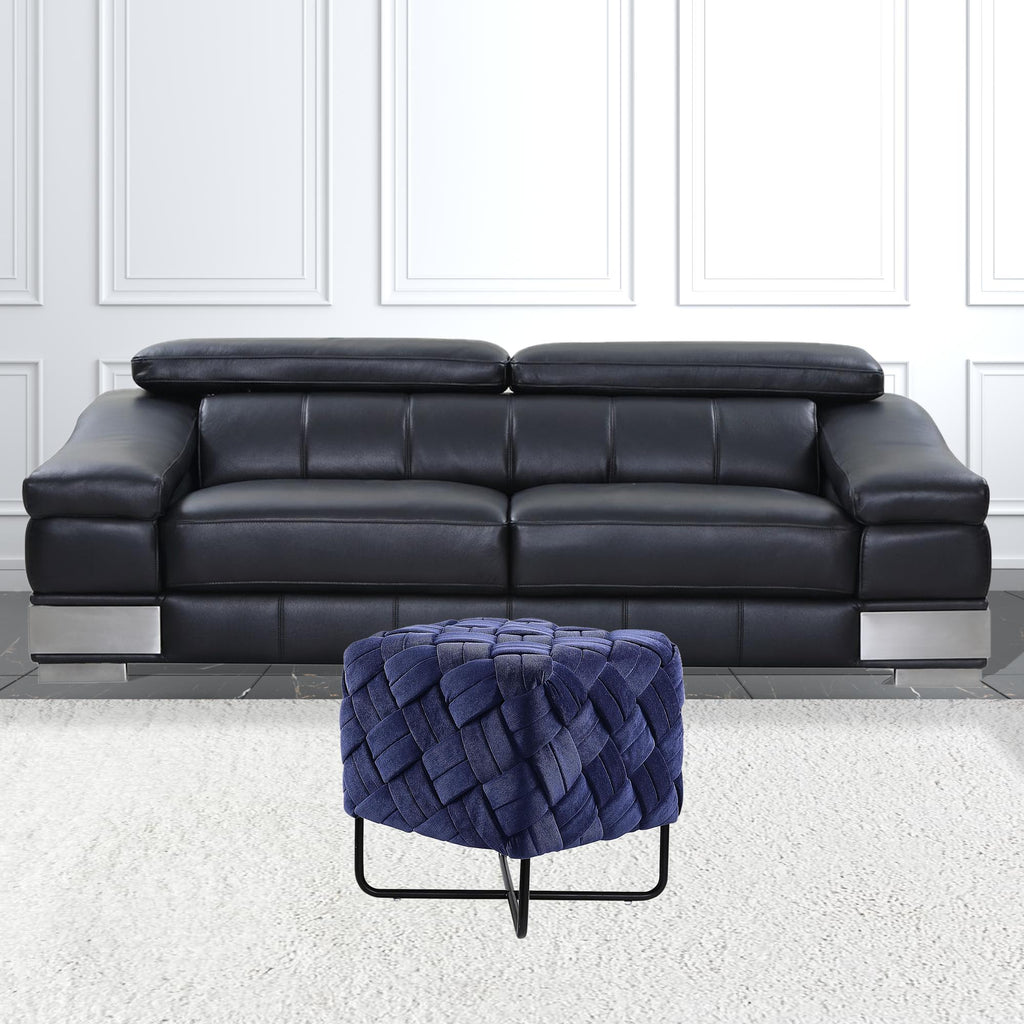 17" Navy Blue Velvet And Black Cube Ottoman