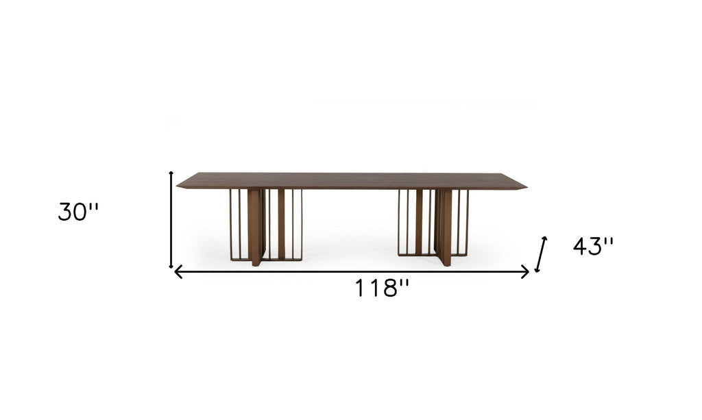 118" Brown And Brass Stainless Steel Double Pedestal Base Dining Table