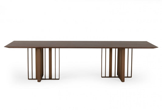 118" Brown And Brass Stainless Steel Double Pedestal Base Dining Table