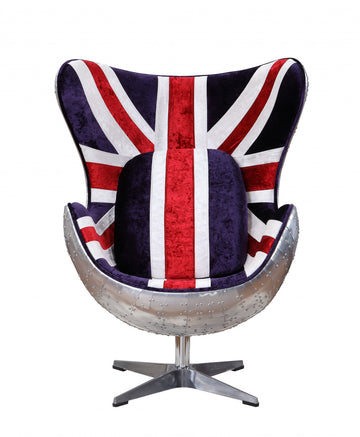 33" Red White and Blue And Silver Fabric Great Britain Flag Swivel Balloon Chair