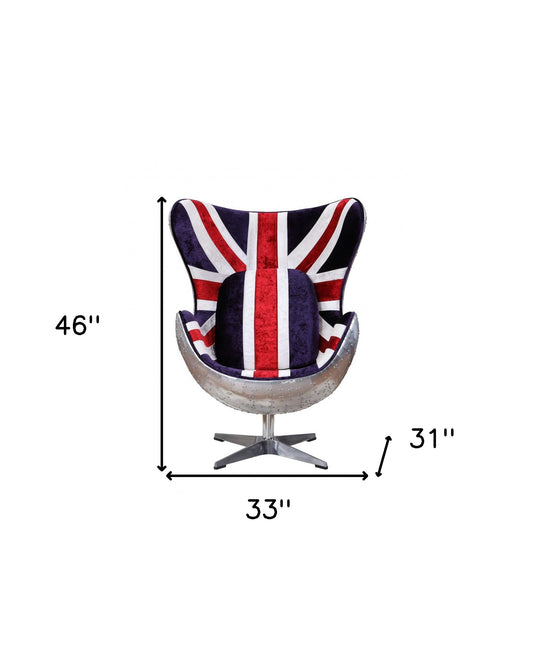 33" Red White and Blue And Silver Fabric Great Britain Flag Swivel Balloon Chair