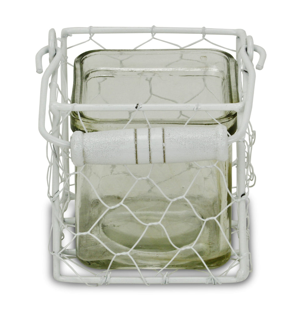 4" White Glass and Metal Lattice Tabletop Lantern Candle Holder