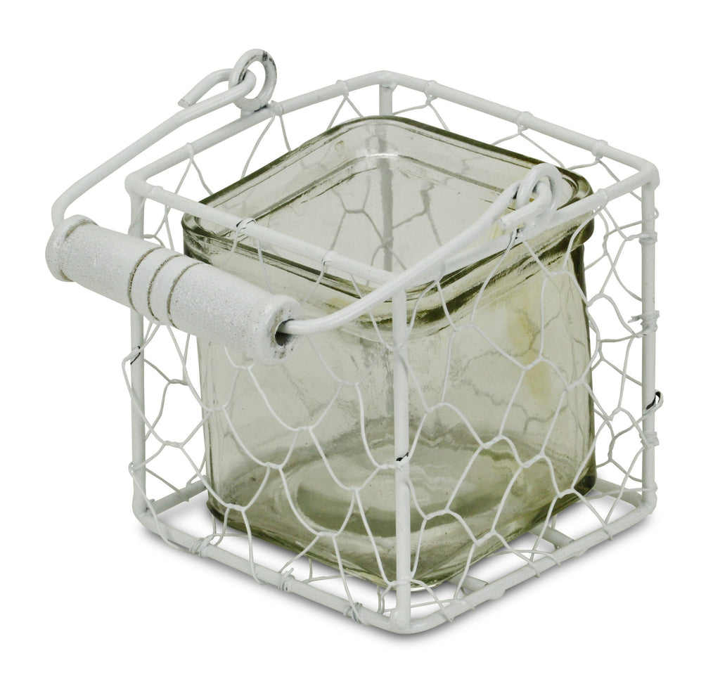 4" White Glass and Metal Lattice Tabletop Lantern Candle Holder