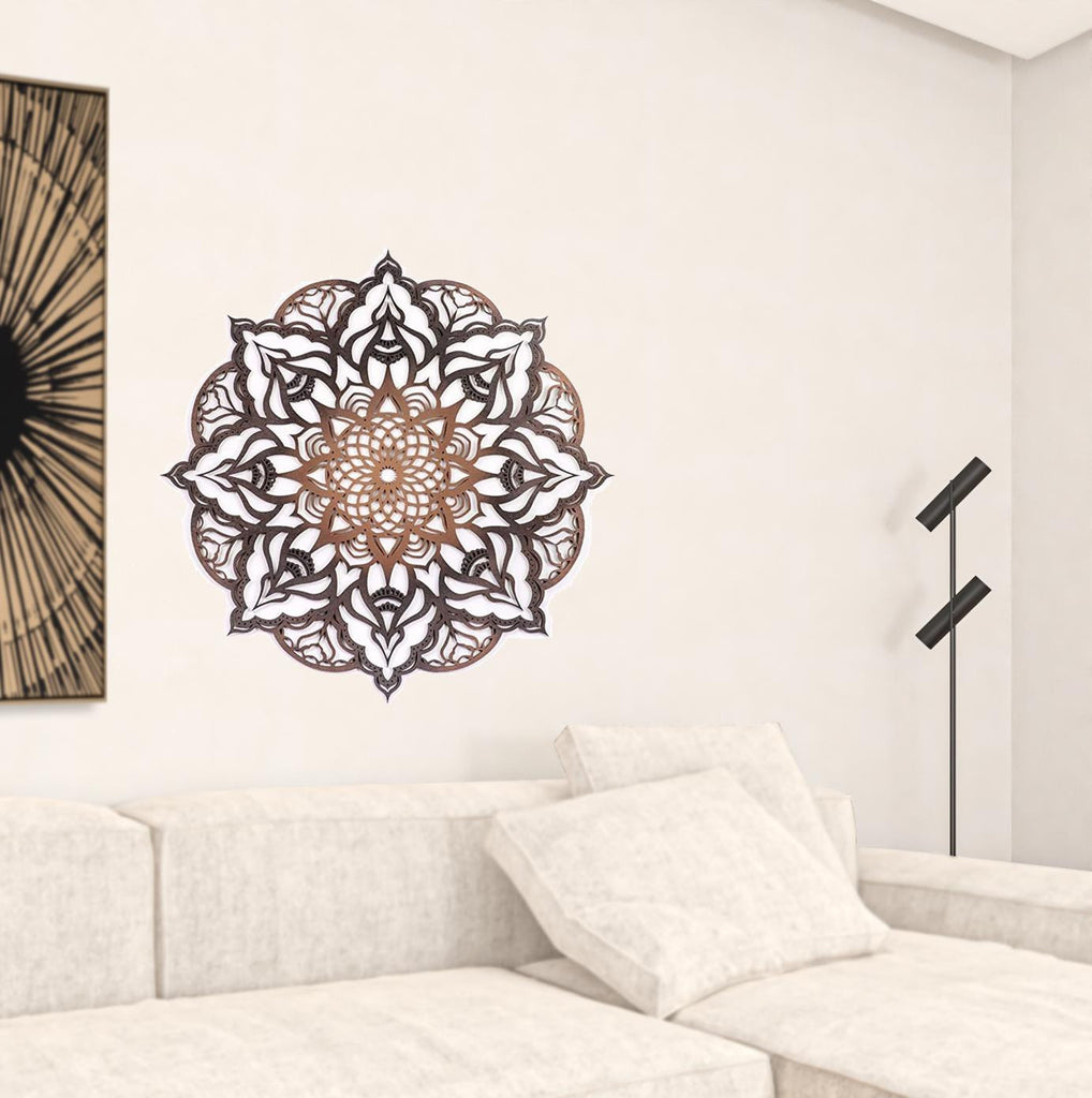 LuxxHomes  Black And Copper Solid Wood Geometric Mandala Wall Decor