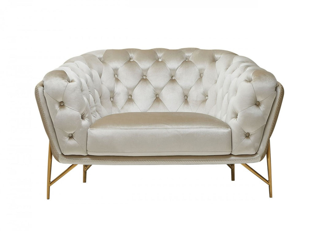 49" Beige And Gold Velvet Tufted Arm Chair