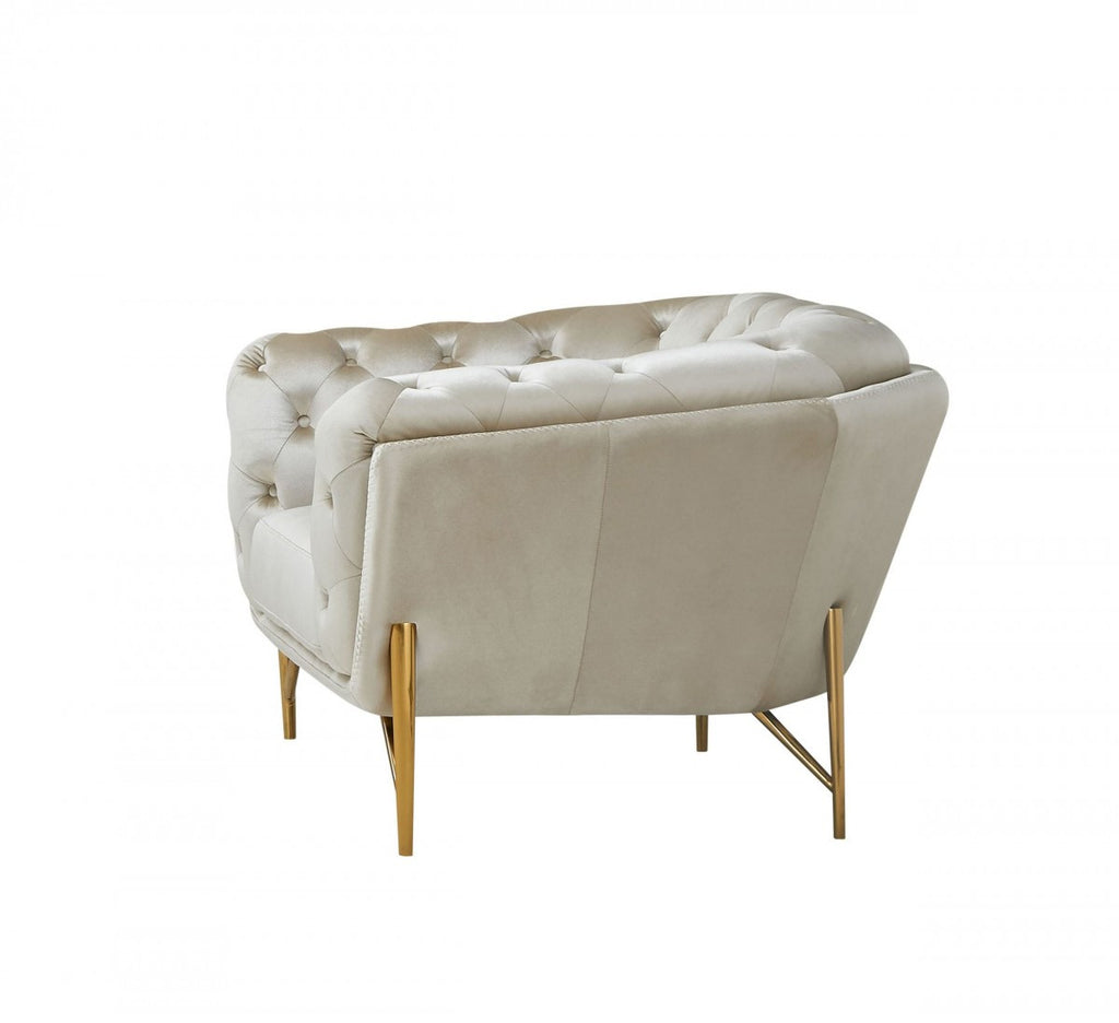 49" Beige And Gold Velvet Tufted Arm Chair