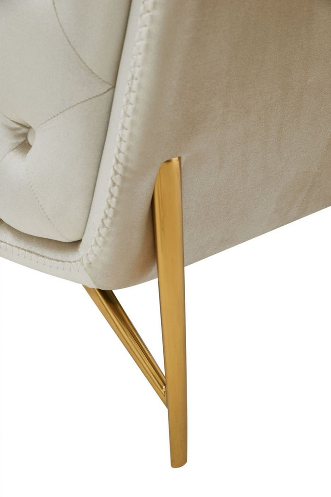 49" Beige And Gold Velvet Tufted Arm Chair