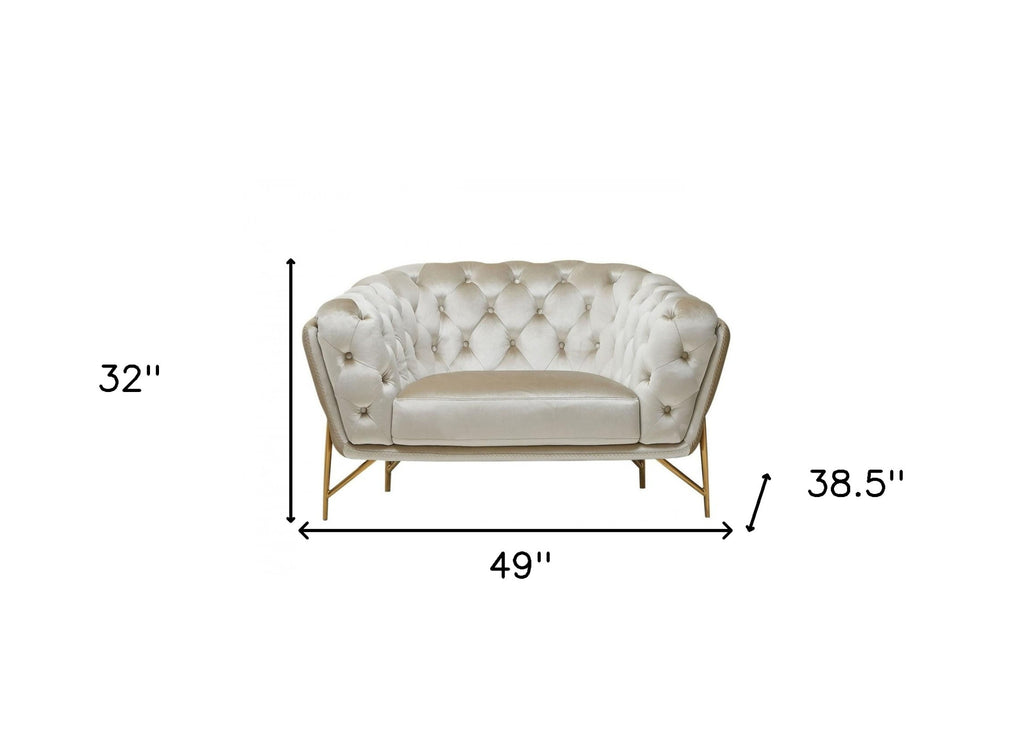 49" Beige And Gold Velvet Tufted Arm Chair