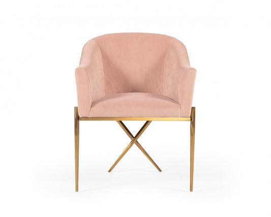 25" Pink Velvet And Gold Solid Color Arm Chair