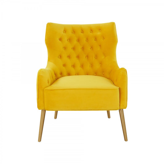 30" Yellow Velvet And Gold Solid Color Arm Chair