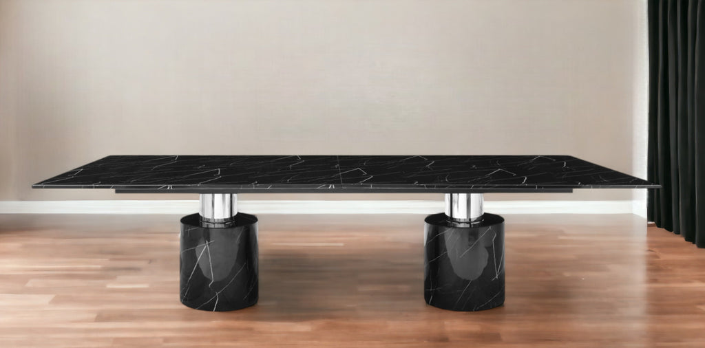 180" Black Marble Double Pedestal Base Dining Table