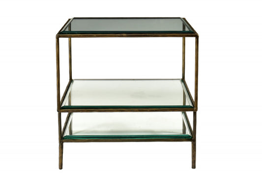 20" Bronze And Clear Glass And Iron Square End Table With Two Shelves